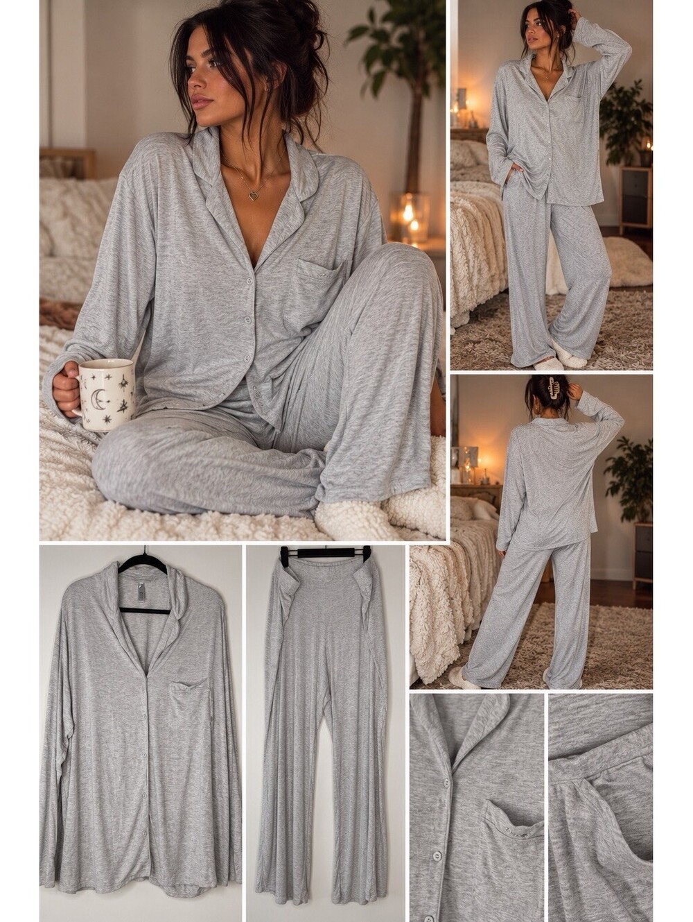 SKIMS Pajama Set Long Sleeve Grey Button Top & Bottoms Size 4x